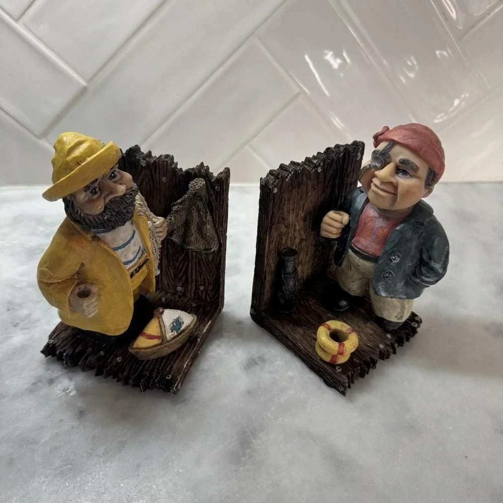 Vintage Fisherman Pirate Resin Bookends Nautical Coastal Sailor Decor Set
